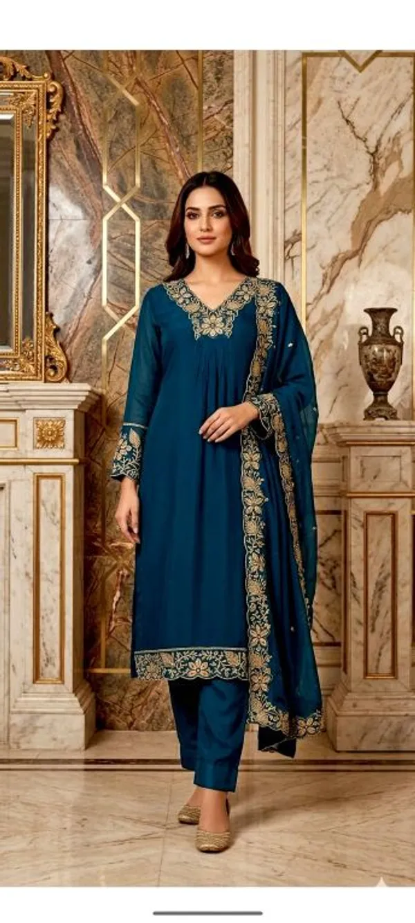 Blue_Chanderi_Embroidered_Kurti_Dupatta_For_Women