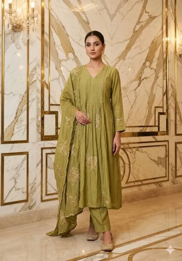 Green_Chanderi_Festive_Kurti_Dupatta_For_Women