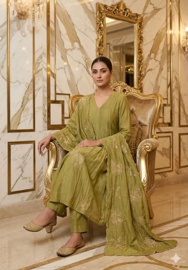Green_Chanderi_Festive_Kurti_Dupatta_For_Women