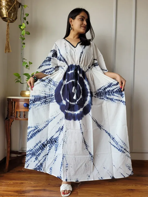 White_And_Blue_Soft_Cotton_Kaftan_Dress_For_Women