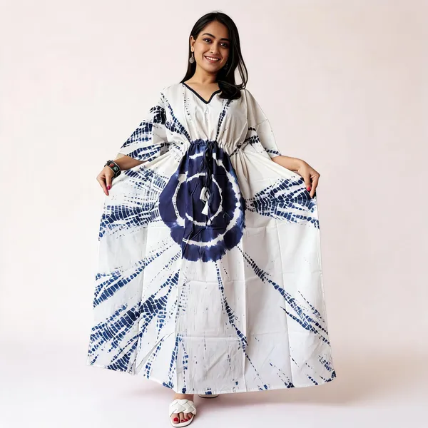 White_And_Blue_Soft_Cotton_Kaftan_Dress_For_Women