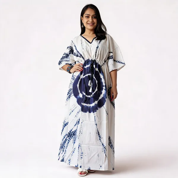 White_And_Blue_Soft_Cotton_Kaftan_Dress_For_Women