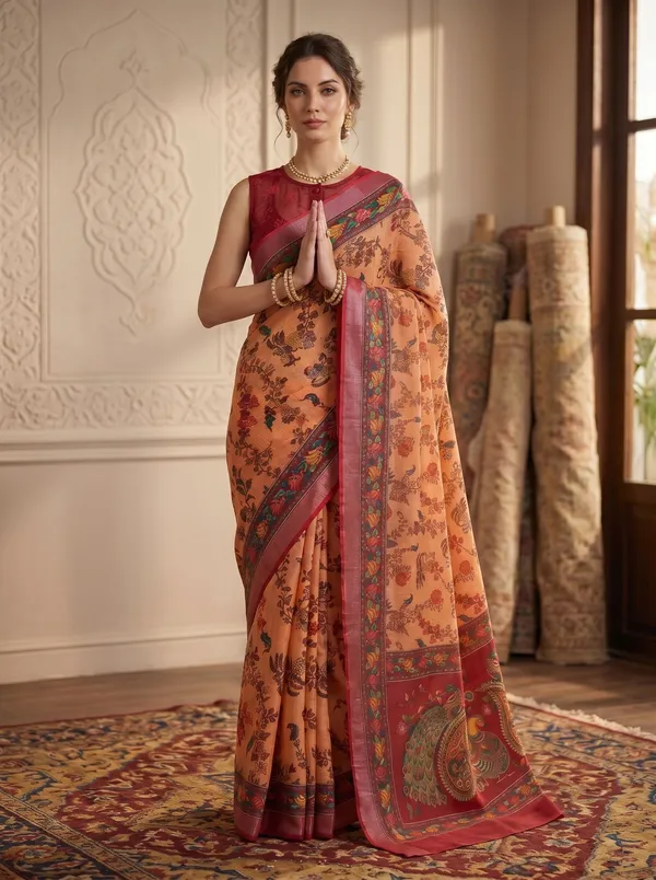 Peach_Digital_Printed_Art_Silk_Cotton_Saree_with_Peacock_&_Floral_Motifs