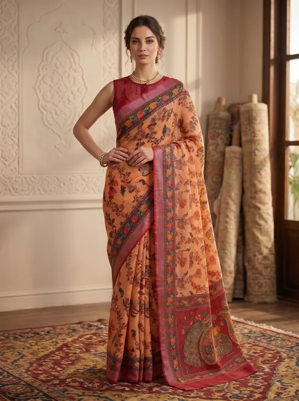 Peach_Digital_Printed_Art_Silk_Cotton_Saree_with_Peacock_&_Floral_Motifs