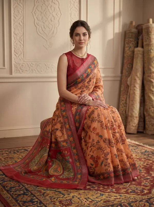Peach_Digital_Printed_Art_Silk_Cotton_Saree_with_Peacock_&_Floral_Motifs