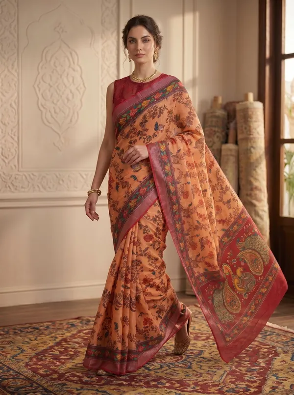 Peach_Digital_Printed_Art_Silk_Cotton_Saree_with_Peacock_&_Floral_Motifs