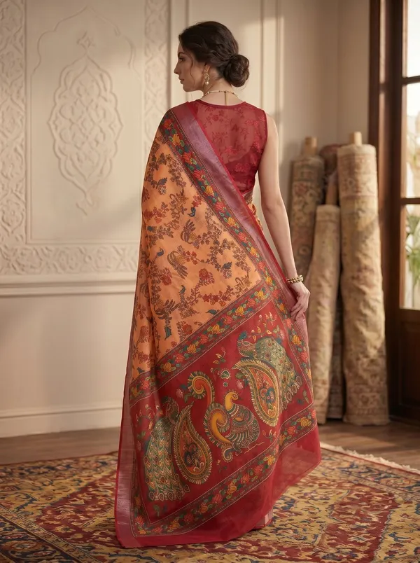 Peach_Digital_Printed_Art_Silk_Cotton_Saree_with_Peacock_&_Floral_Motifs