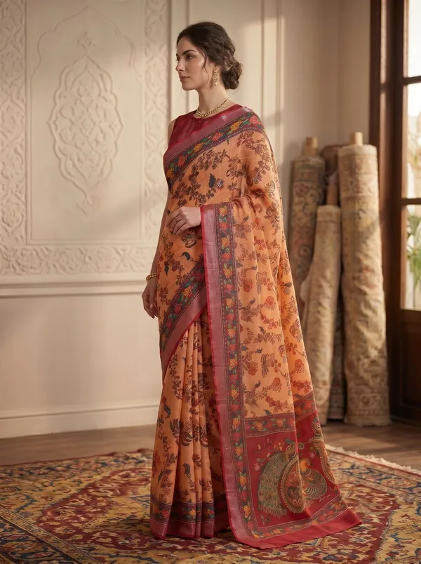 Peach_Digital_Printed_Art_Silk_Cotton_Saree_with_Peacock_&_Floral_Motifs