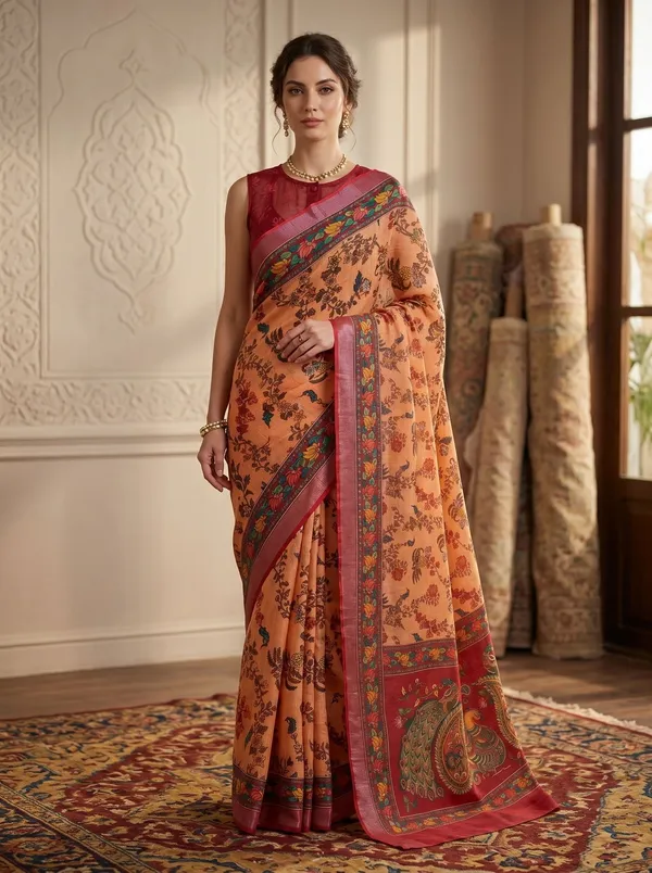 Peach_Digital_Printed_Art_Silk_Cotton_Saree_with_Peacock_&_Floral_Motifs