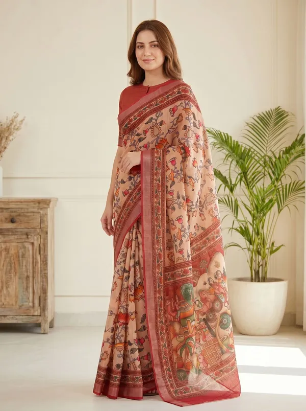 Peach_Art_Silk_Cotton_Saree_with_Silver_Zari_Border_&_Digital_Floral_Print