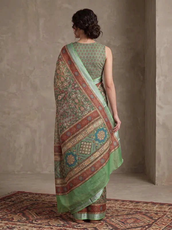 Green_Digital_Print_Art_Silk_Saree_with_Silver_Zari_Border_&_Floral_Motifs