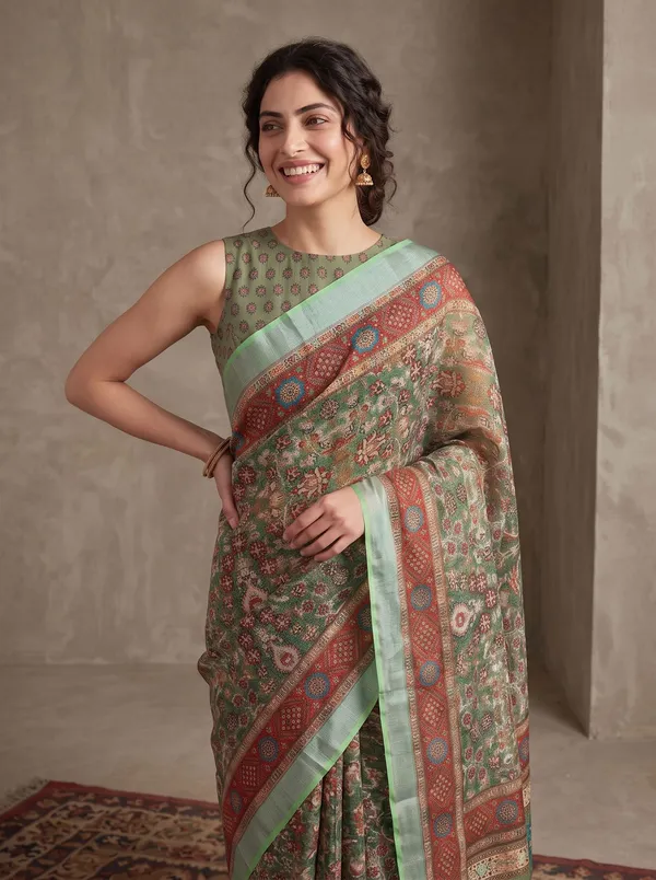 Green_Digital_Print_Art_Silk_Saree_with_Silver_Zari_Border_&_Floral_Motifs