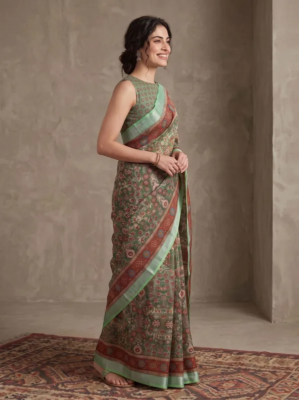 Green_Digital_Print_Art_Silk_Saree_with_Silver_Zari_Border_&_Floral_Motifs