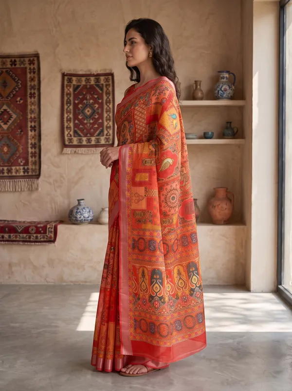 Vibrant_Orange_Art_Silk_Cotton_Digital_Print_Saree_with_Silver_Zari_Border