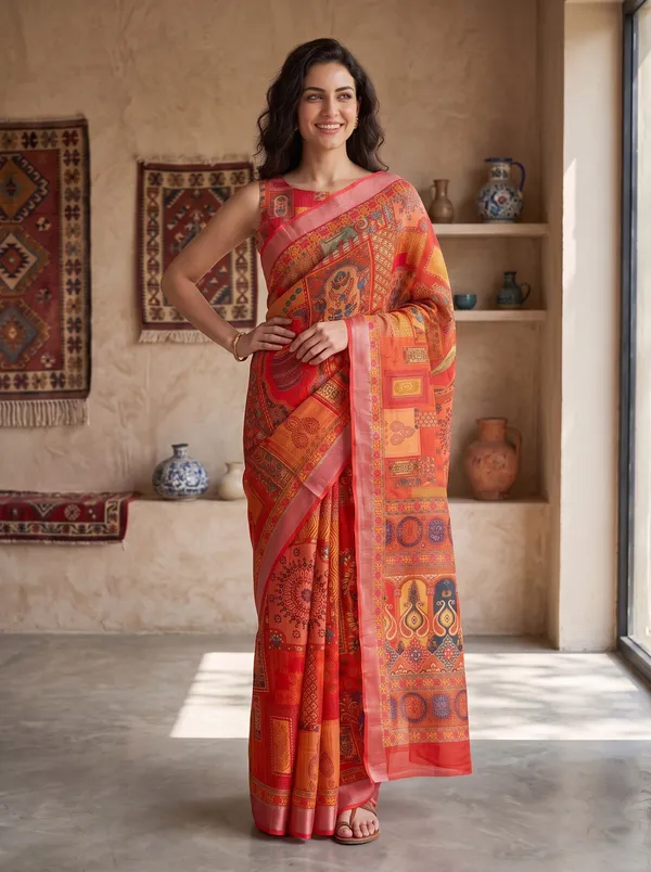 Vibrant_Orange_Art_Silk_Cotton_Digital_Print_Saree_with_Silver_Zari_Border