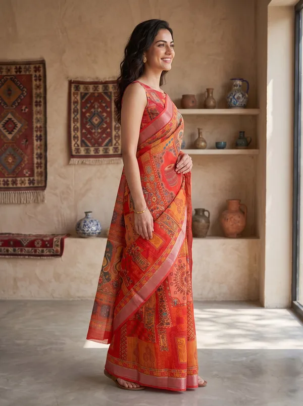 Vibrant_Orange_Art_Silk_Cotton_Digital_Print_Saree_with_Silver_Zari_Border