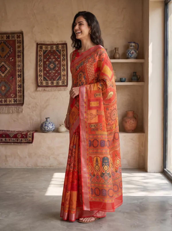 Vibrant_Orange_Art_Silk_Cotton_Digital_Print_Saree_with_Silver_Zari_Border