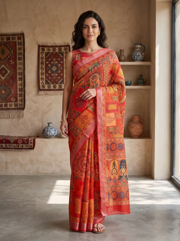 Vibrant_Orange_Art_Silk_Cotton_Digital_Print_Saree_with_Silver_Zari_Border
