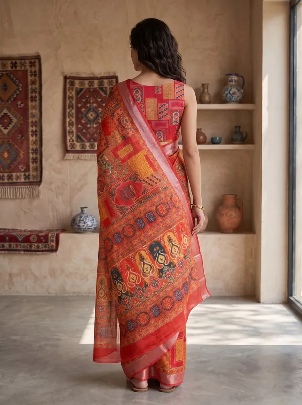 Vibrant_Orange_Art_Silk_Cotton_Digital_Print_Saree_with_Silver_Zari_Border