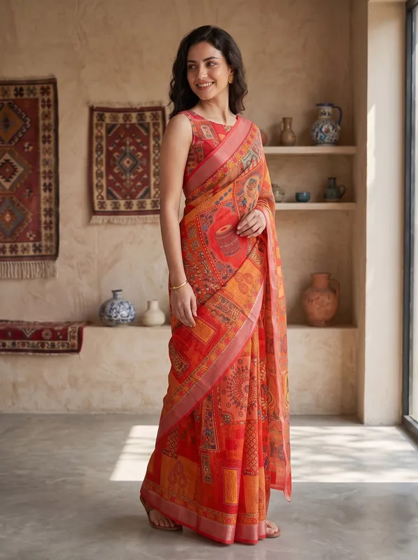 Vibrant_Orange_Art_Silk_Cotton_Digital_Print_Saree_with_Silver_Zari_Border