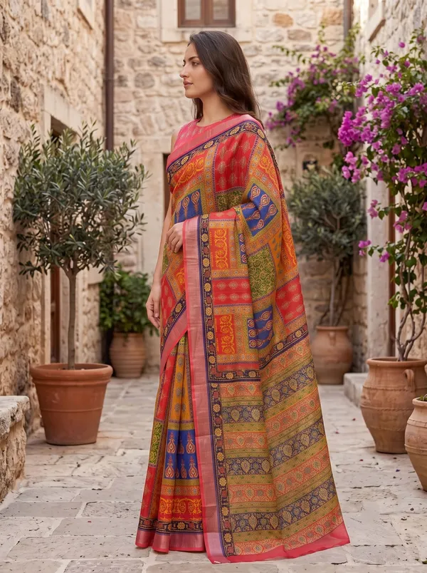 Vibrant_Red_Multi-Color_Art_Silk_Cotton_Digital_Print_Saree_with_Silver_Zari