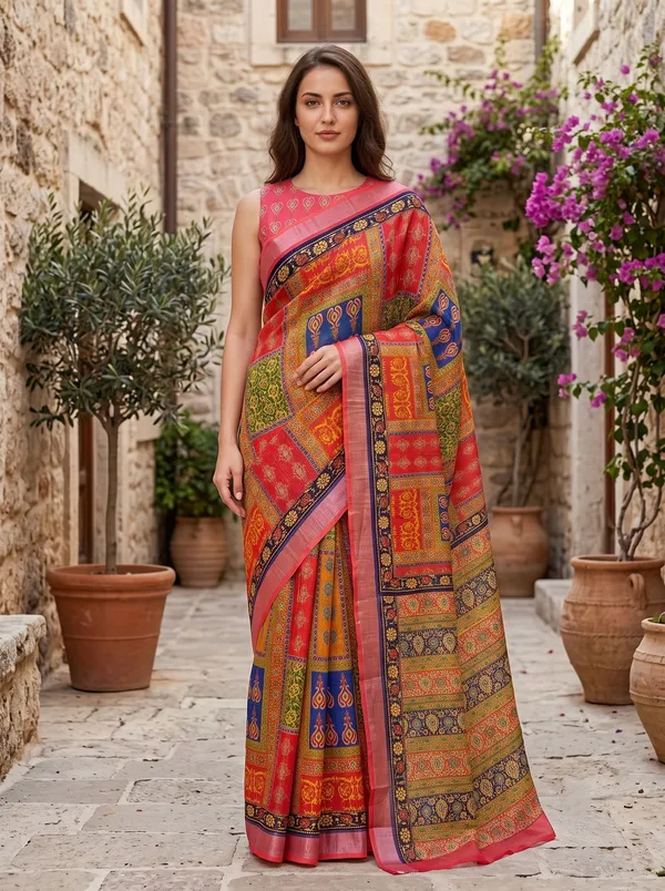 Vibrant_Red_Multi-Color_Art_Silk_Cotton_Digital_Print_Saree_with_Silver_Zari
