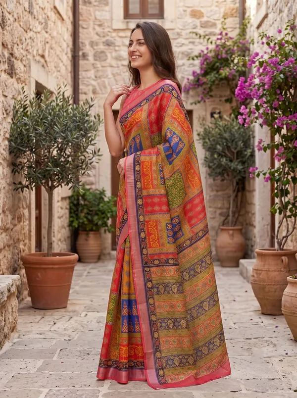 Vibrant_Red_Multi-Color_Art_Silk_Cotton_Digital_Print_Saree_with_Silver_Zari