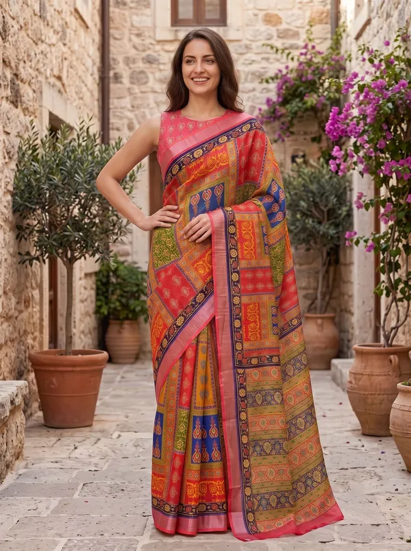 Vibrant_Red_Multi-Color_Art_Silk_Cotton_Digital_Print_Saree_with_Silver_Zari