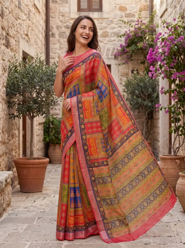 Vibrant_Red_Multi-Color_Art_Silk_Cotton_Digital_Print_Saree_with_Silver_Zari