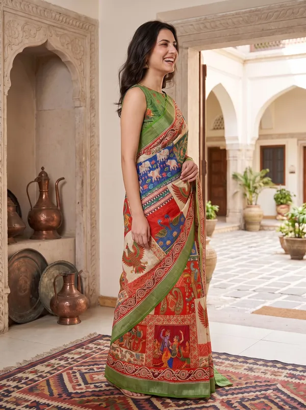 Art_Silk_Digital_Print_Saree_|_Multi-Color_Kalamkari_|_Silver_Zari_Border