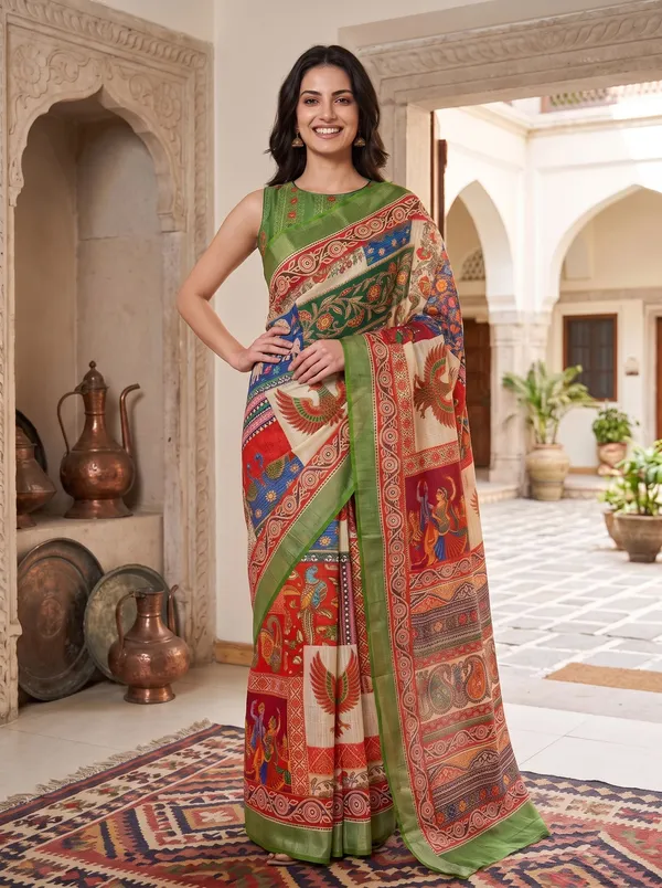 Art_Silk_Digital_Print_Saree_|_Multi-Color_Kalamkari_|_Silver_Zari_Border