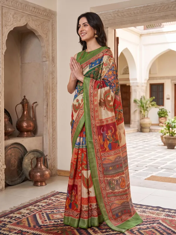 Art_Silk_Digital_Print_Saree_|_Multi-Color_Kalamkari_|_Silver_Zari_Border