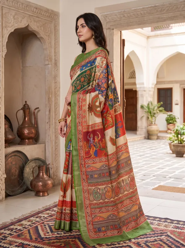 Art_Silk_Digital_Print_Saree_|_Multi-Color_Kalamkari_|_Silver_Zari_Border