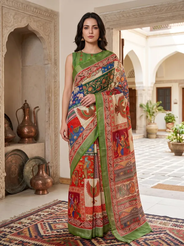 Art_Silk_Digital_Print_Saree_|_Multi-Color_Kalamkari_|_Silver_Zari_Border
