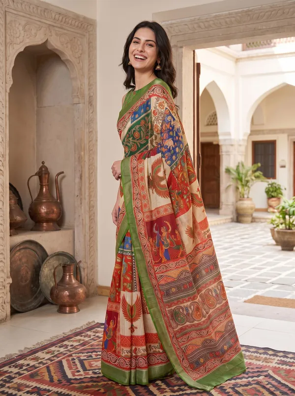 Art_Silk_Digital_Print_Saree_|_Multi-Color_Kalamkari_|_Silver_Zari_Border