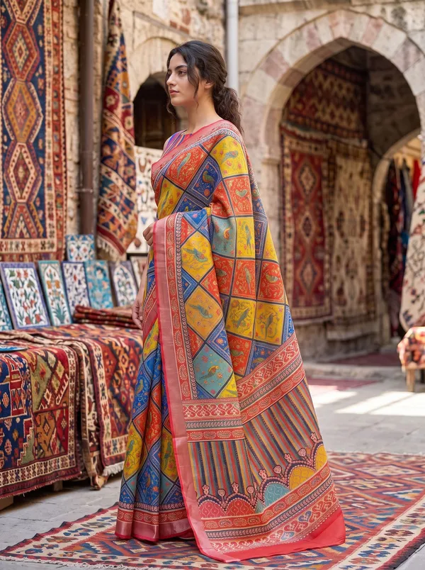 Multi-Color_Digital_Print_Art_Silk_Saree_with_Parrot_Motifs_&_Silver_Zari_Border