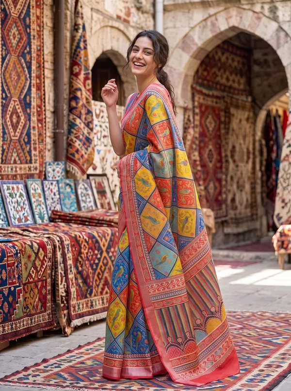 Multi-Color_Digital_Print_Art_Silk_Saree_with_Parrot_Motifs_&_Silver_Zari_Border