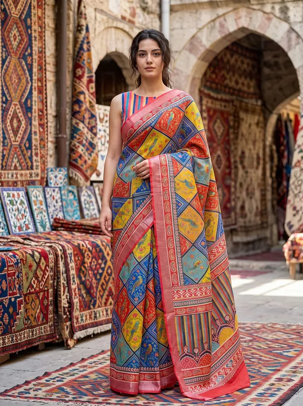 Multi-Color_Digital_Print_Art_Silk_Saree_with_Parrot_Motifs_&_Silver_Zari_Border