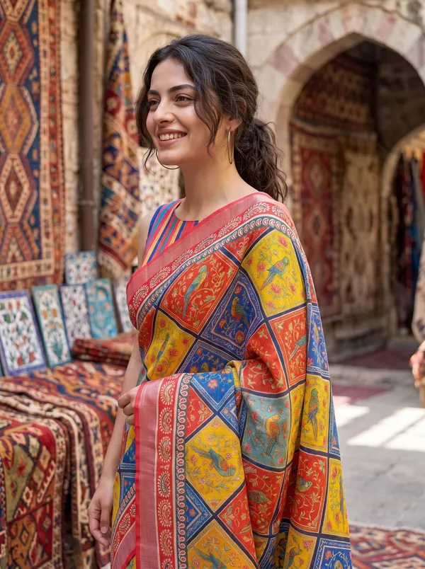 Multi-Color_Digital_Print_Art_Silk_Saree_with_Parrot_Motifs_&_Silver_Zari_Border