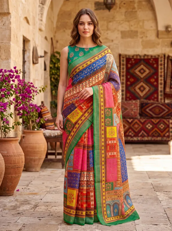 Multi-Color_Digital_Print_Art_Silk_Cotton_Saree_with_Green_Silver_Zari_Border