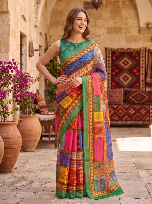 Multi-Color_Digital_Print_Art_Silk_Cotton_Saree_with_Green_Silver_Zari_Border