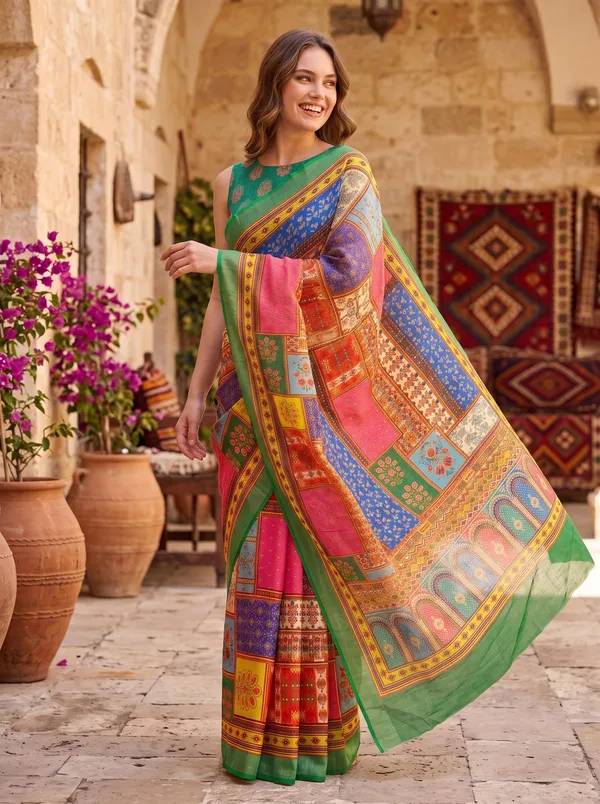 Multi-Color_Digital_Print_Art_Silk_Cotton_Saree_with_Green_Silver_Zari_Border