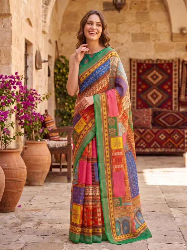 Multi-Color_Digital_Print_Art_Silk_Cotton_Saree_with_Green_Silver_Zari_Border