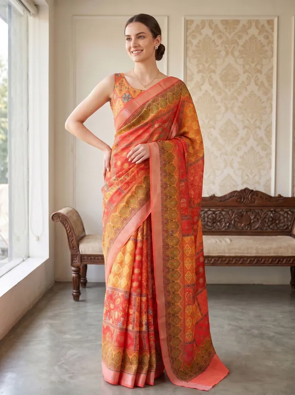Peach_Art_Silk_Digital_Print_Saree_with_Silver_Zari_Border_&_Printed_Blouse