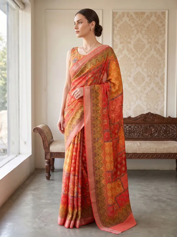 Peach_Art_Silk_Digital_Print_Saree_with_Silver_Zari_Border_&_Printed_Blouse