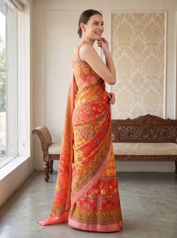 Peach_Art_Silk_Digital_Print_Saree_with_Silver_Zari_Border_&_Printed_Blouse