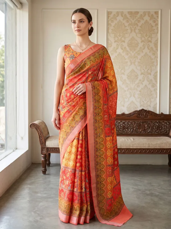 Peach_Art_Silk_Digital_Print_Saree_with_Silver_Zari_Border_&_Printed_Blouse