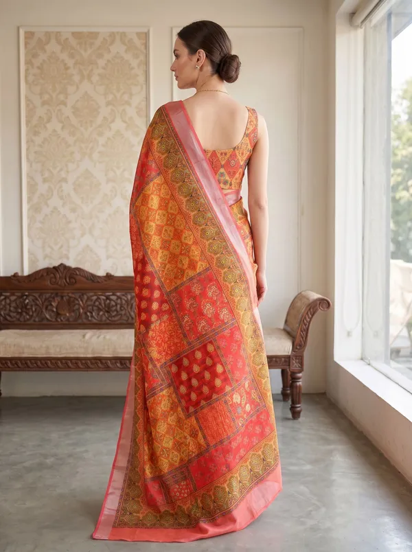 Peach_Art_Silk_Digital_Print_Saree_with_Silver_Zari_Border_&_Printed_Blouse