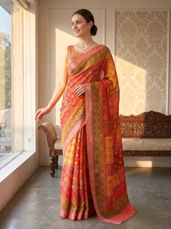 Peach_Art_Silk_Digital_Print_Saree_with_Silver_Zari_Border_&_Printed_Blouse