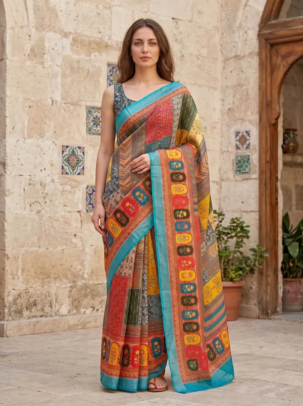 Multi_Digital_Print_Art_Silk_Cotton_Saree_with_Silver_Zari_Border_&_Blouse